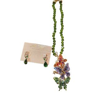 Kirks Folly Necklace & Earrings Crystal Butterfly Pendant/ Brooch Green Purple